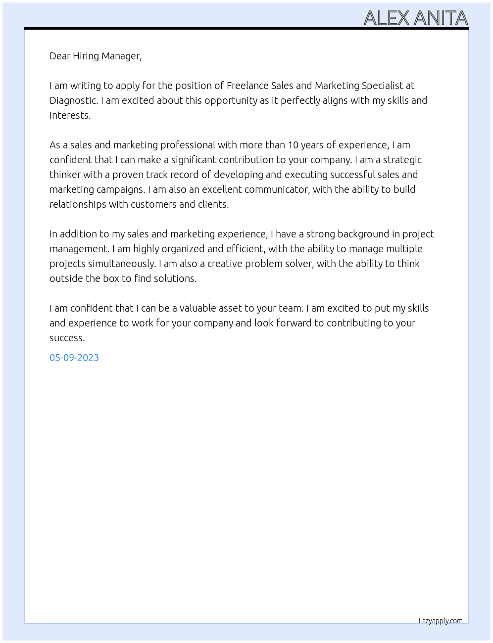 Freelance sales and marketing specialist At diagnostic Cover Letter