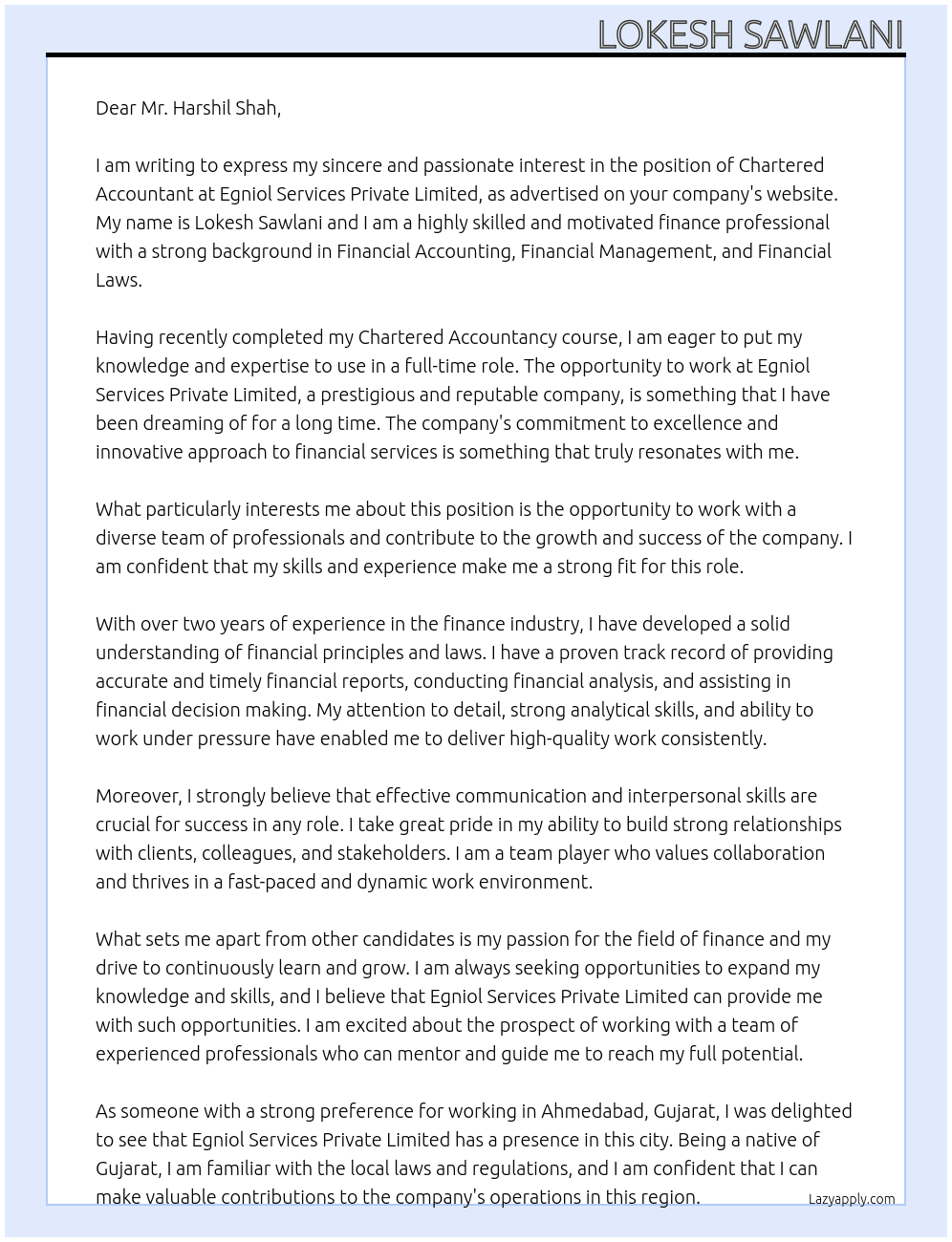 Chartered Accountant At Egniol Services Private Limited Cover Letter
