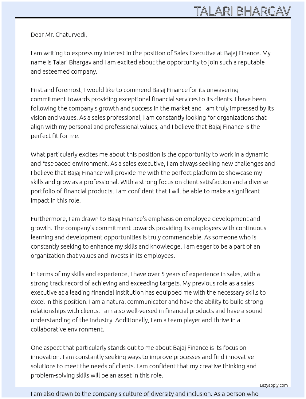 sales executive At bajaj finance sales executive Cover Letter