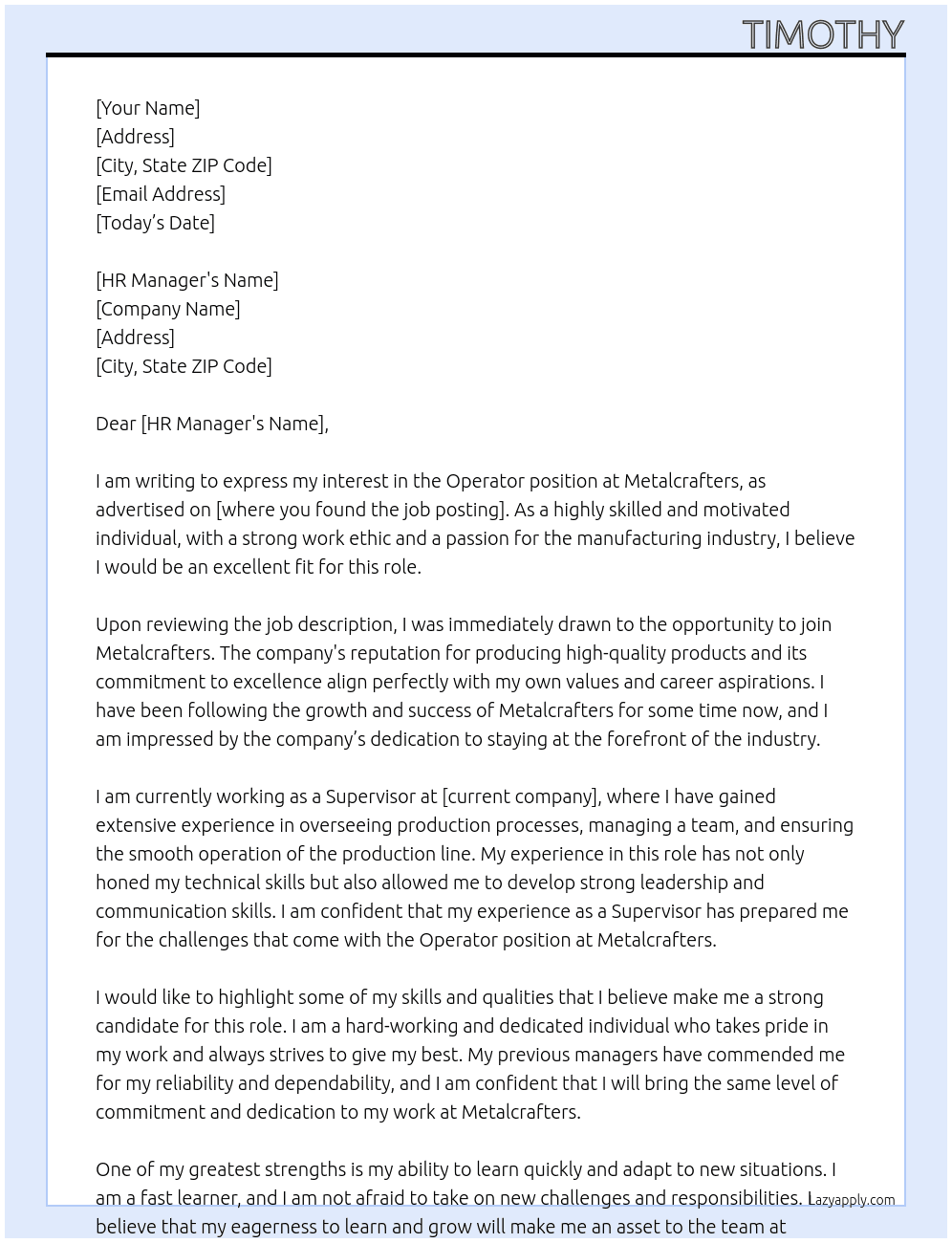 Operator At Metalcrafters Cover Letter