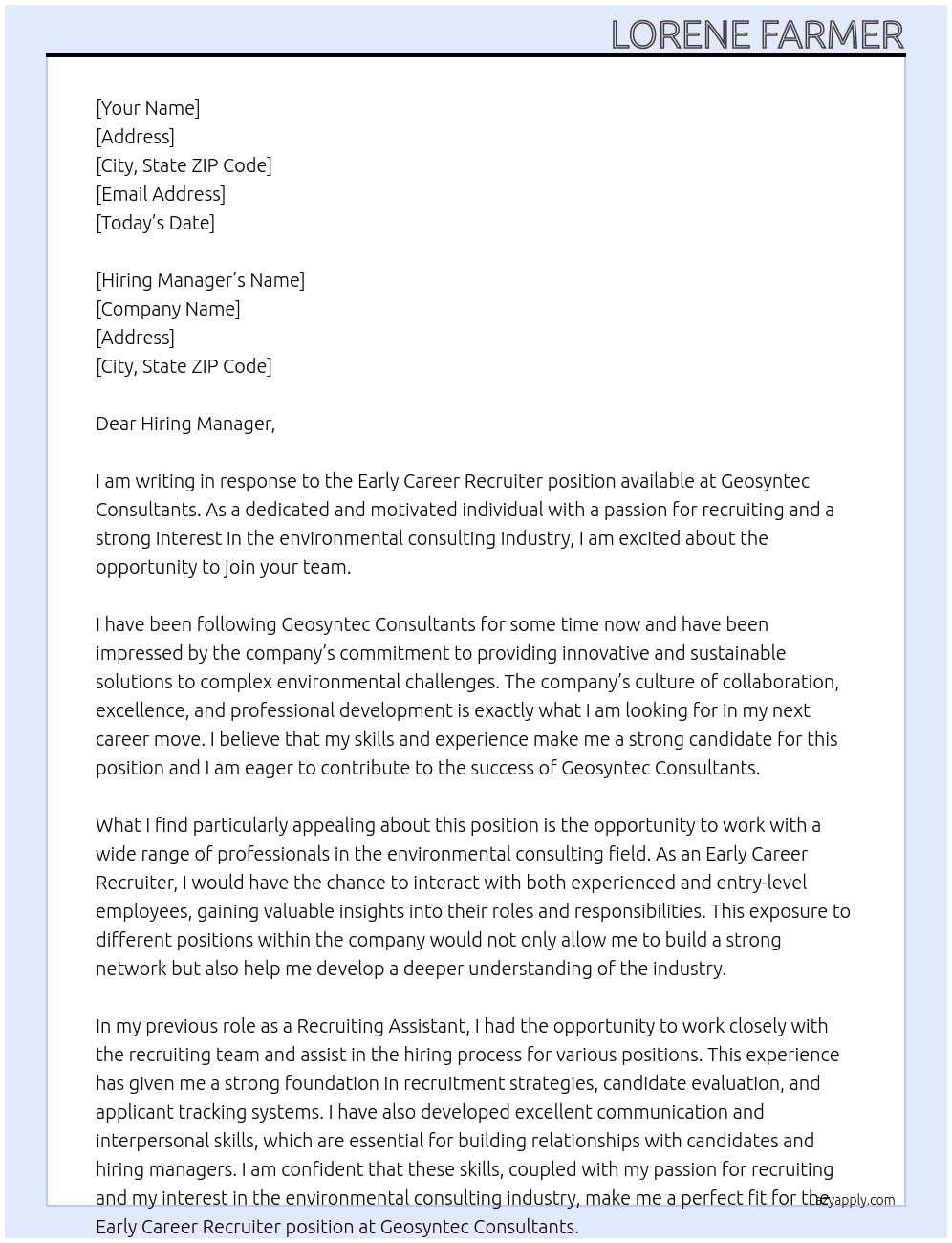 Early Career Recruiter  At Geosyntec Consultants Cover Letter