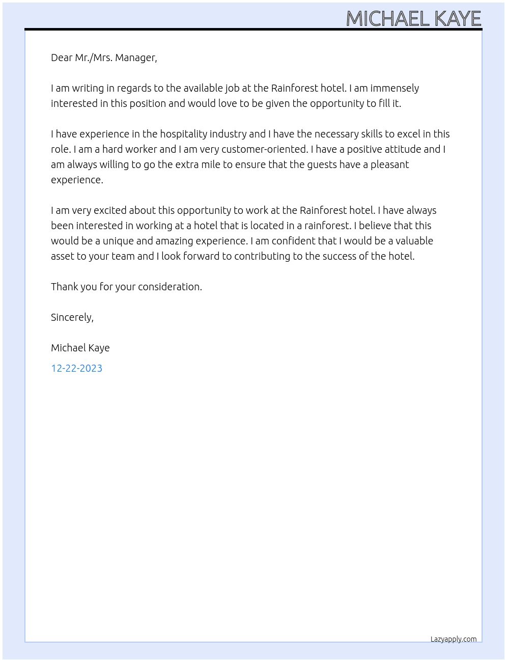 Available job At Rainforest hotel  Cover Letter