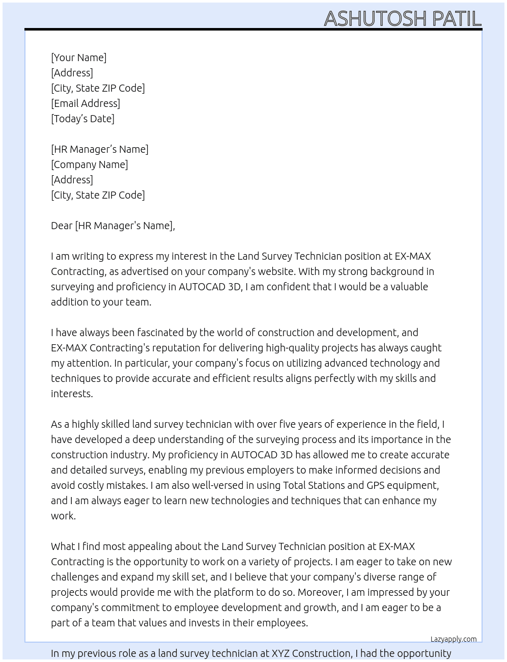 Land survey technician At EX-MAX Contracting Cover Letter