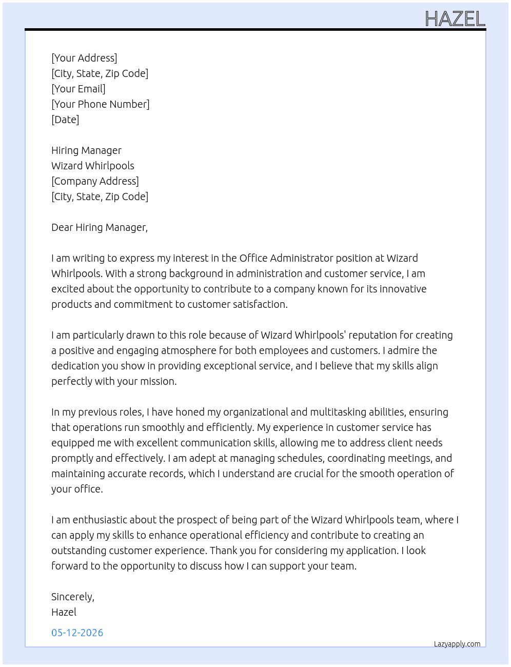 office administrator At Wizard Whirlpools Cover Letter