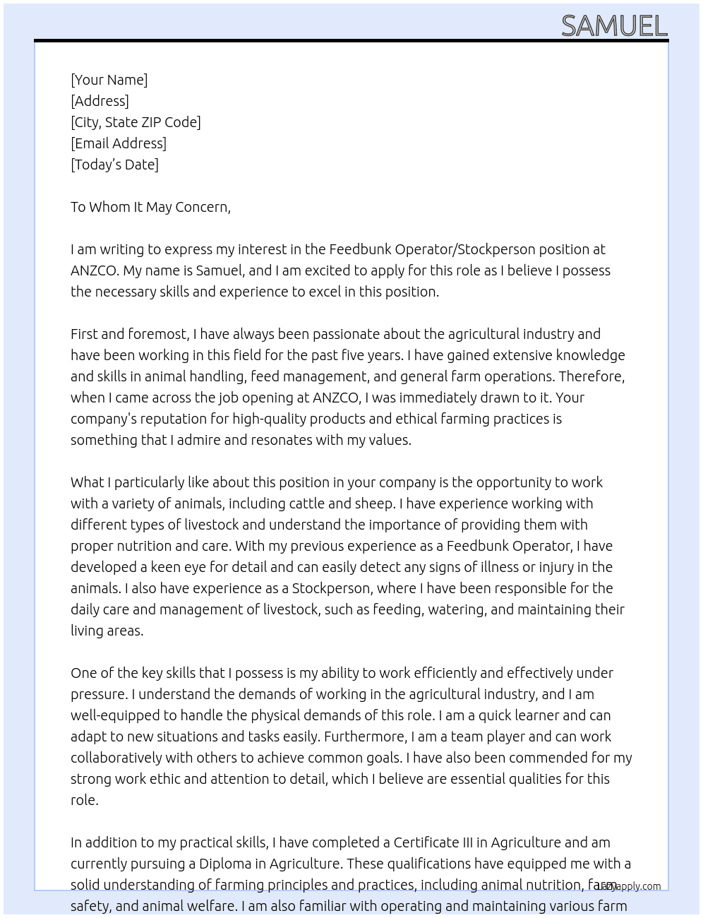 Feedbunk Operator/Stockperson At ANZCO Cover Letter
