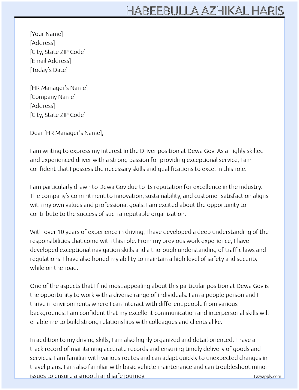 Driver At Dewa gov Cover Letter