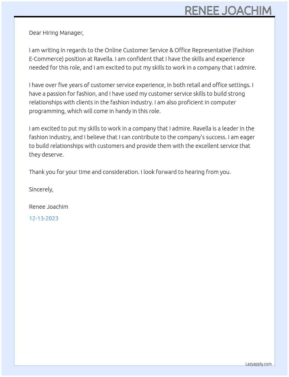 Online Customer Service & Office Representative (Fashion E-Commerce) At Ravella Cover Letter