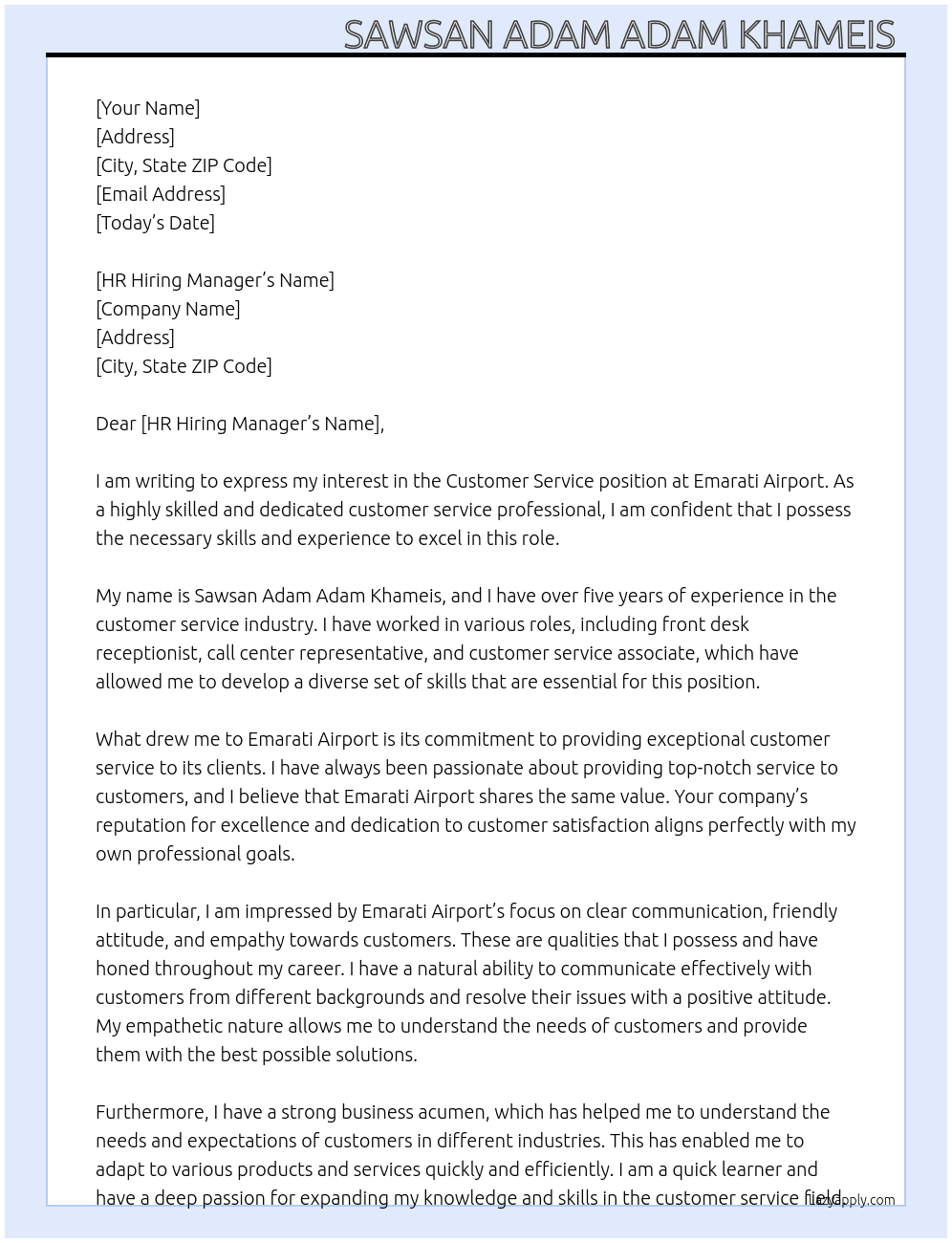 Customer service  At Emarati Airport  Cover Letter
