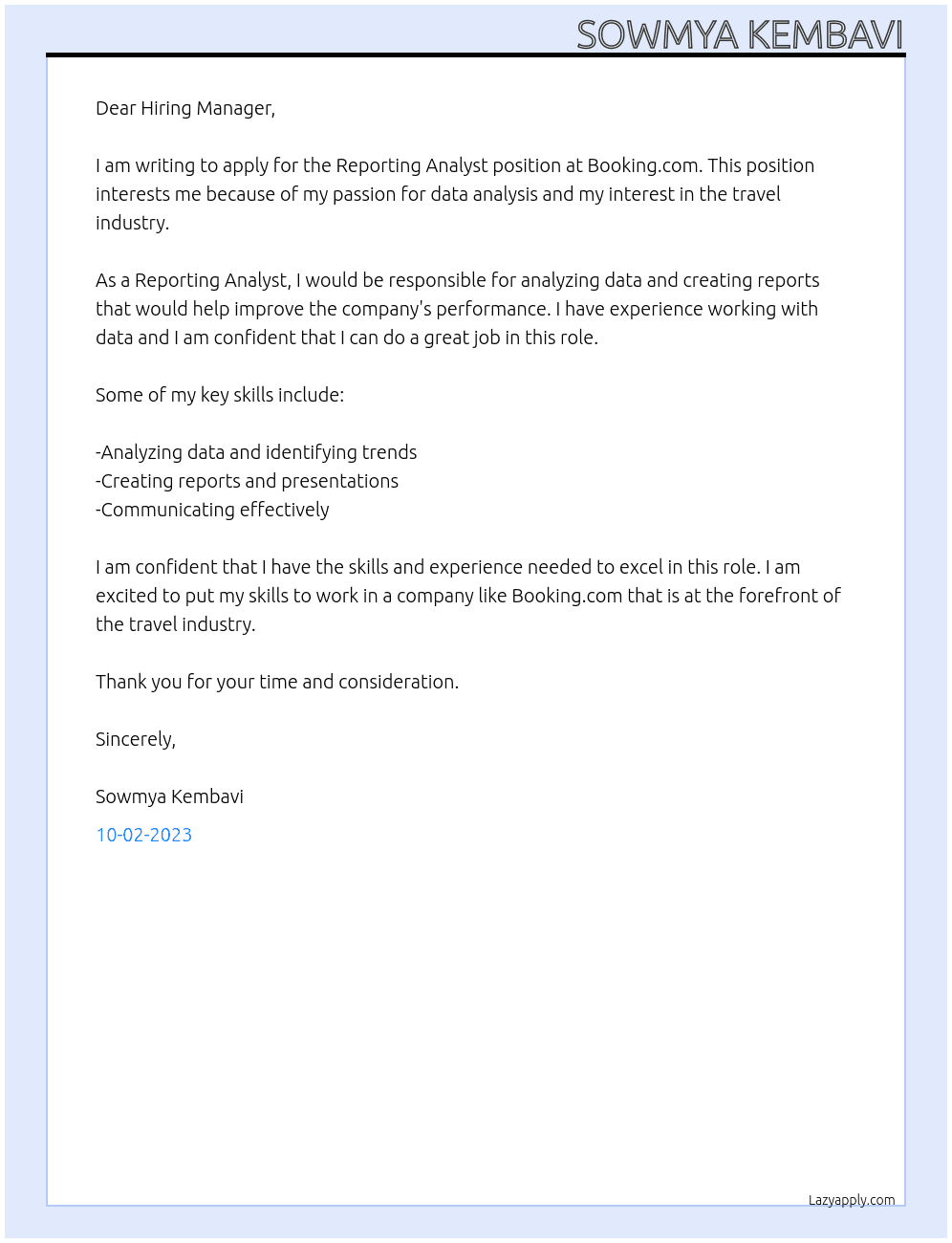 Reporting Analyst At Booking.com Cover Letter