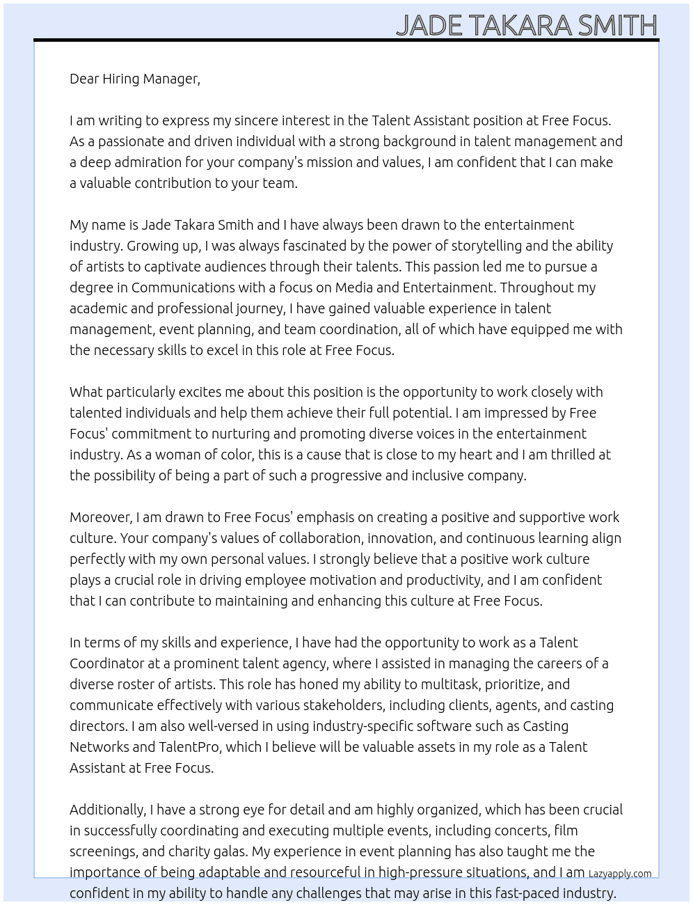 Talent Assistant At Free Focus Cover Letter
