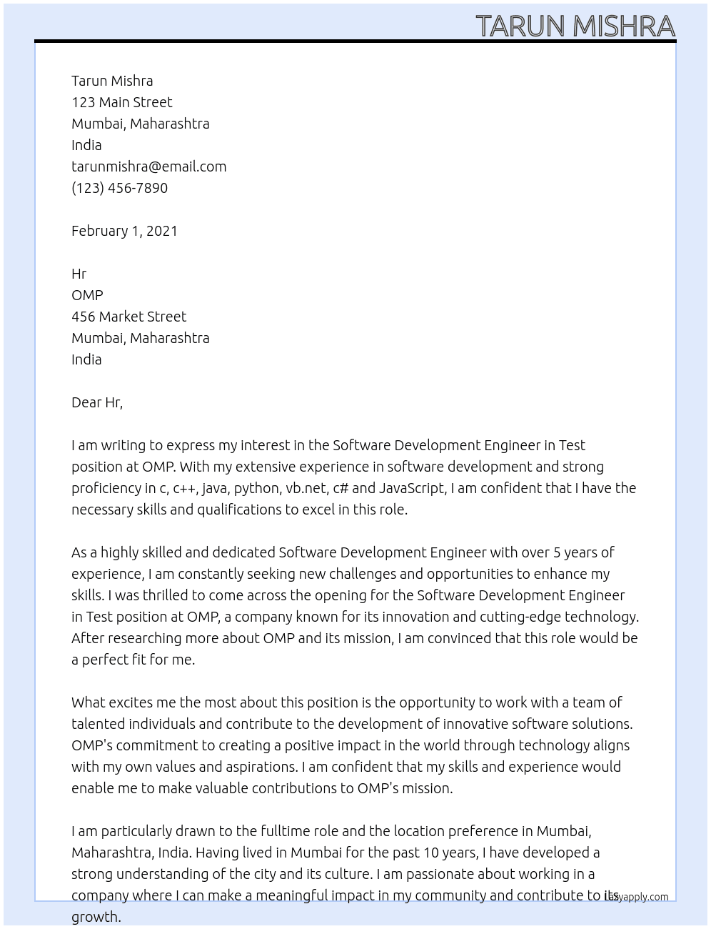 software development engineer in test At OMP Cover Letter