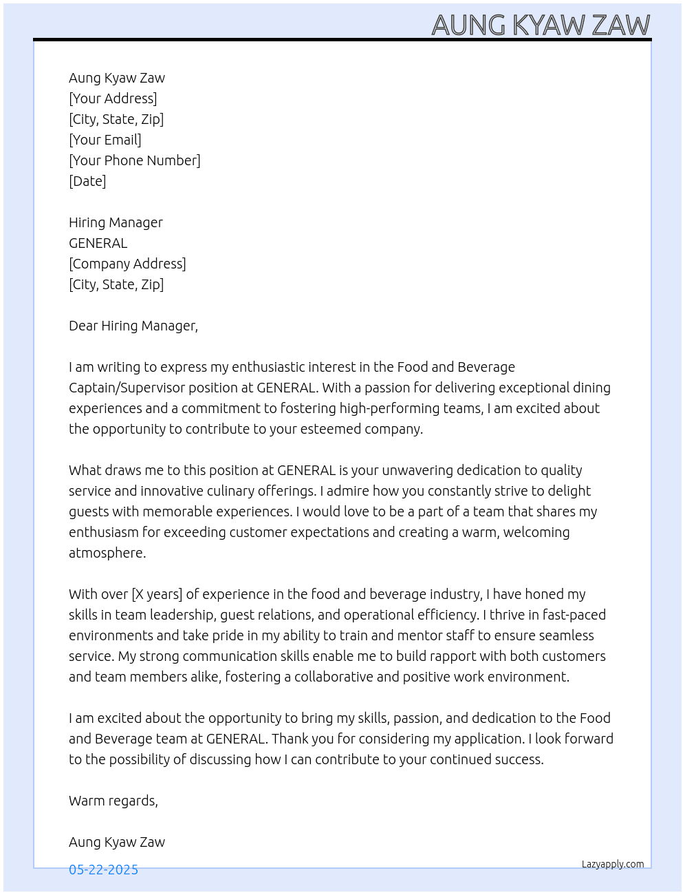 Cover letter for food and beverage captain / supervisor - LazyApply
