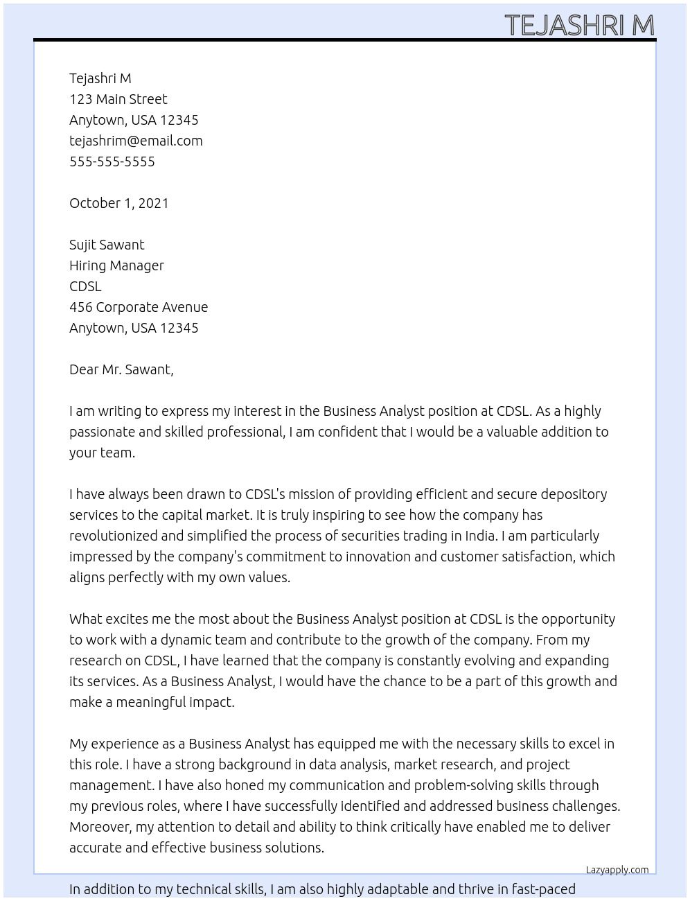 Business Analyst At CDSL Cover Letter
