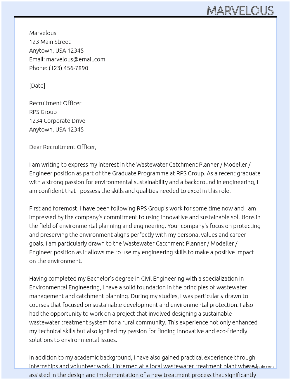Wastewater Catchment Planner / Modeller /Engineer - Graduate Programme At RPS Group Cover Letter