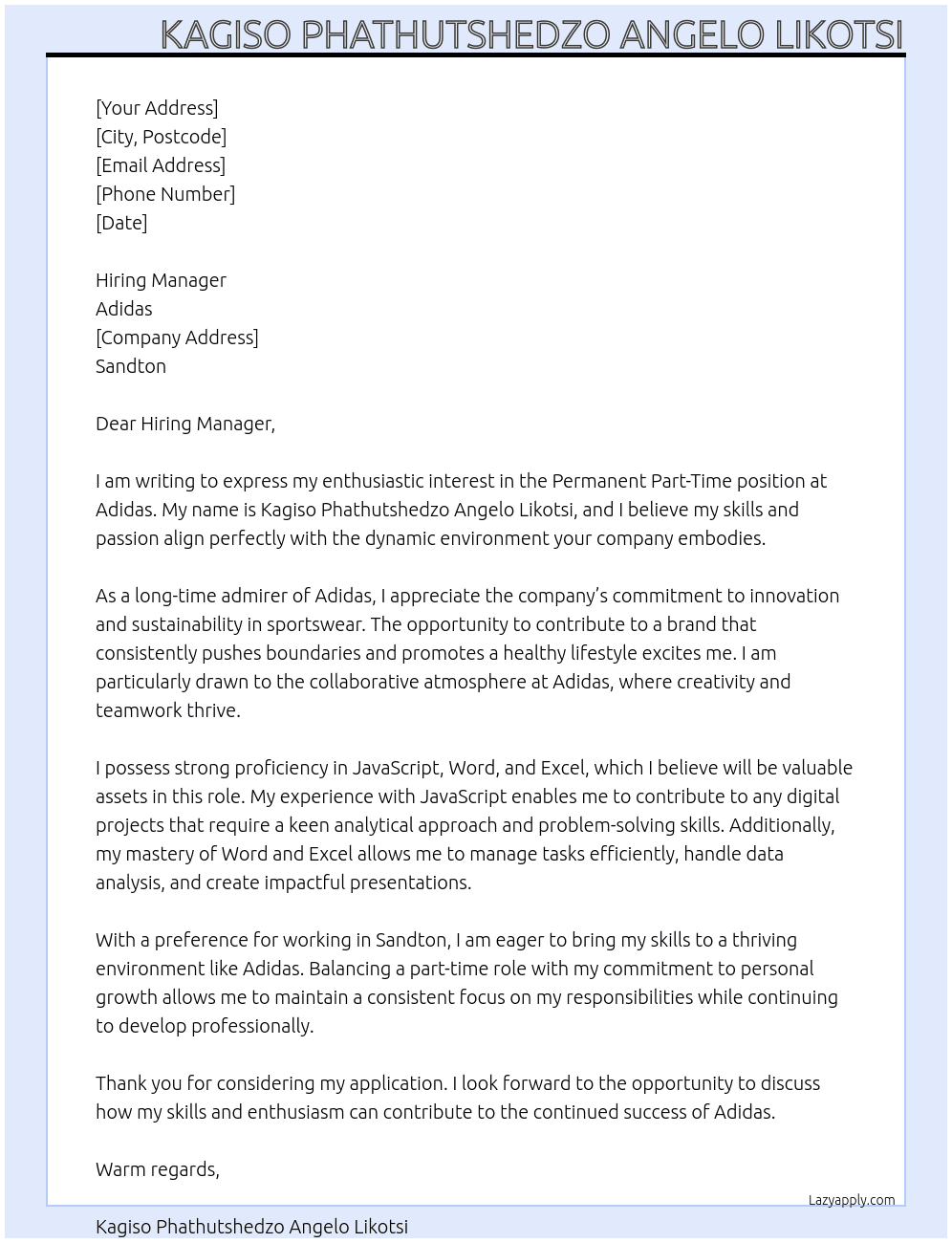 Permanent Part timer  At Adidas  Cover Letter