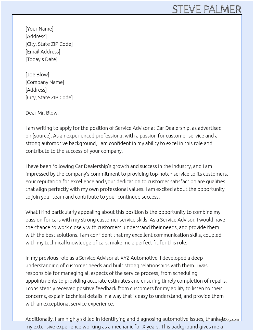 Service Advisor At Car Dealership Cover Letter