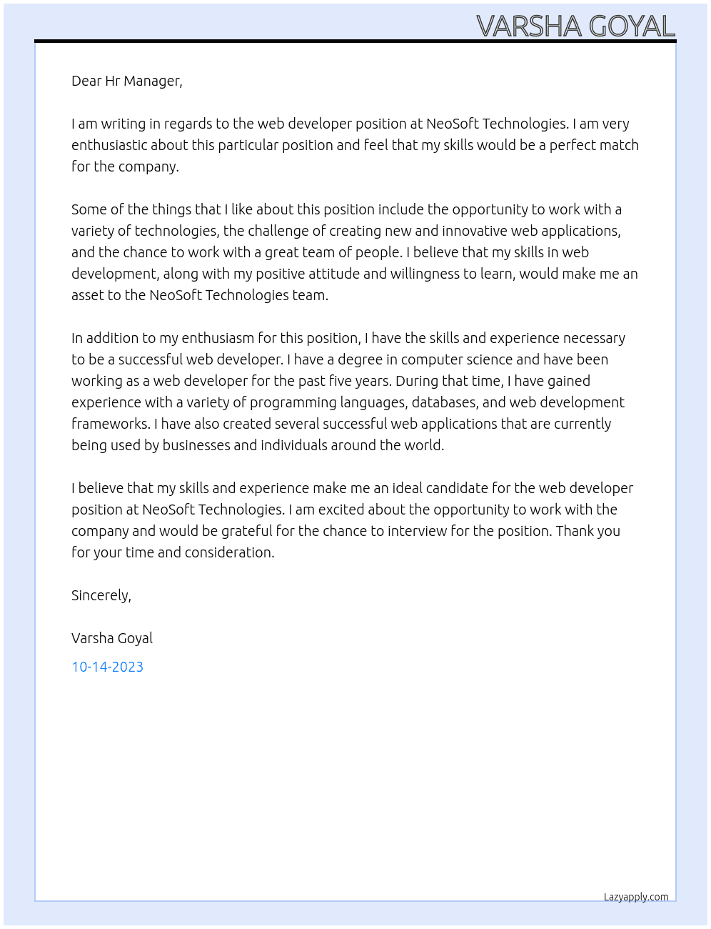 web developer At NeoSoft Technologies Cover Letter