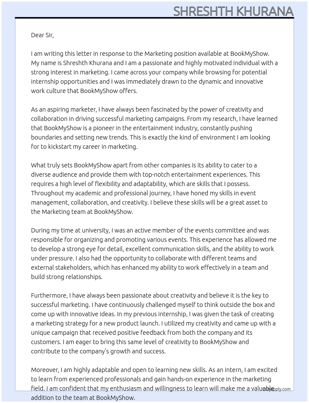 marketing At book my show  Cover Letter