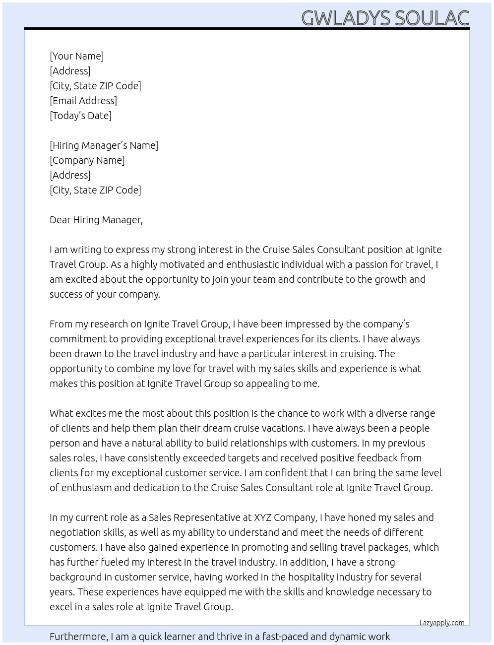 Cruise Sales Consultant At Ignite Travel Group Cover Letter