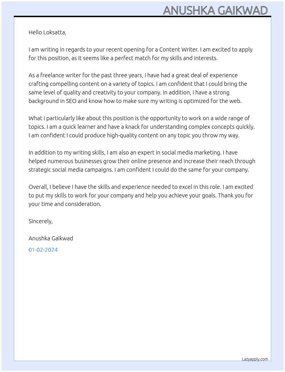 content writer  At Loksatta  Cover Letter
