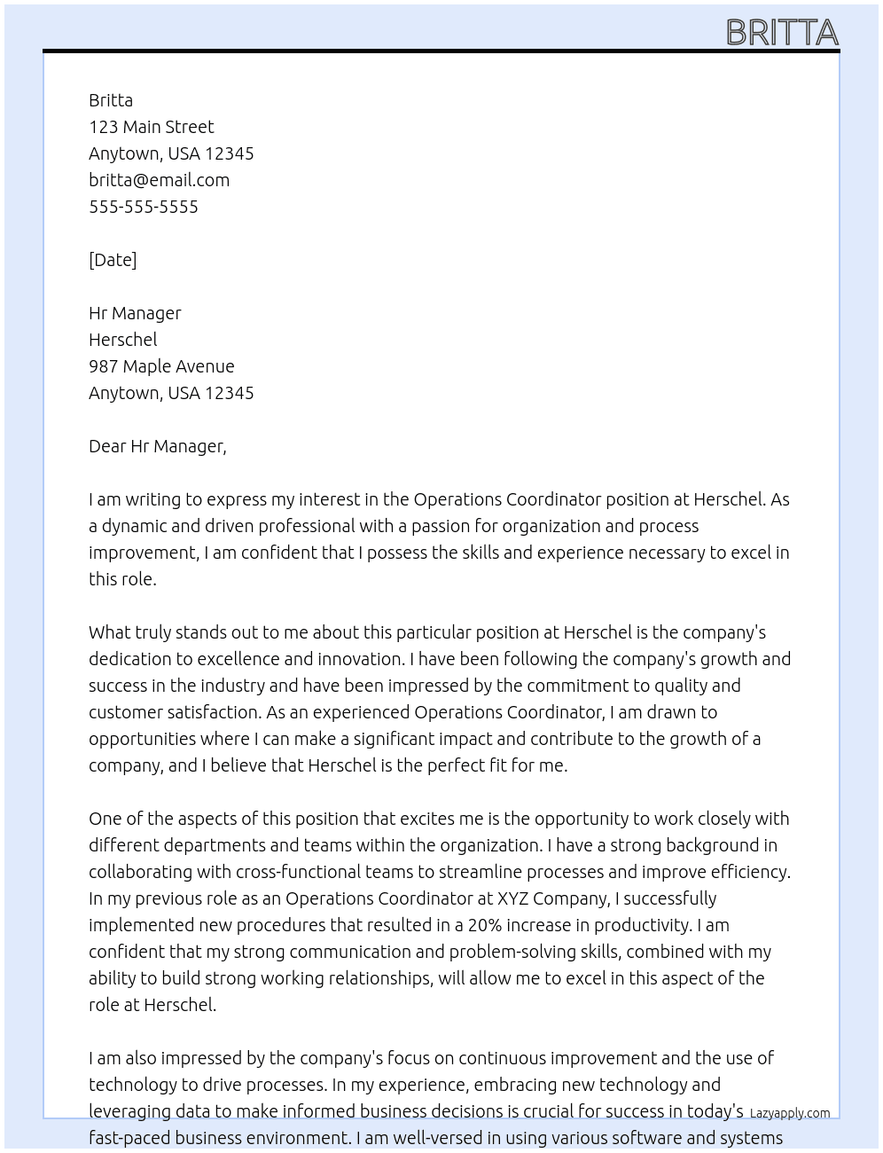 Operations Coordinator At Herschel Cover Letter