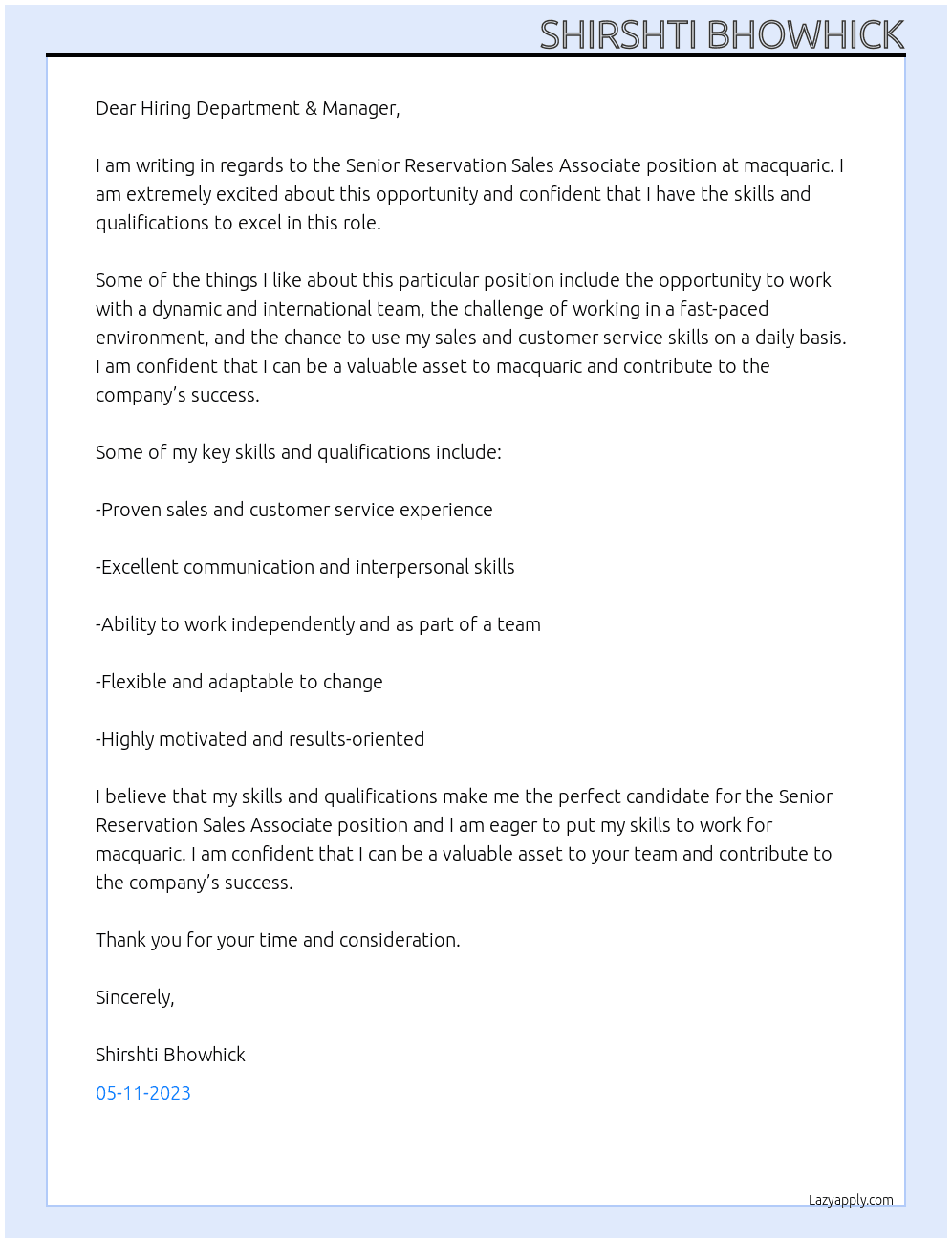 Senior Reservation Sales Associate At macquaric Cover Letter