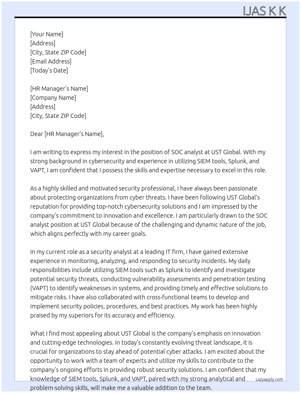 SOC analyst At UST Global Cover Letter