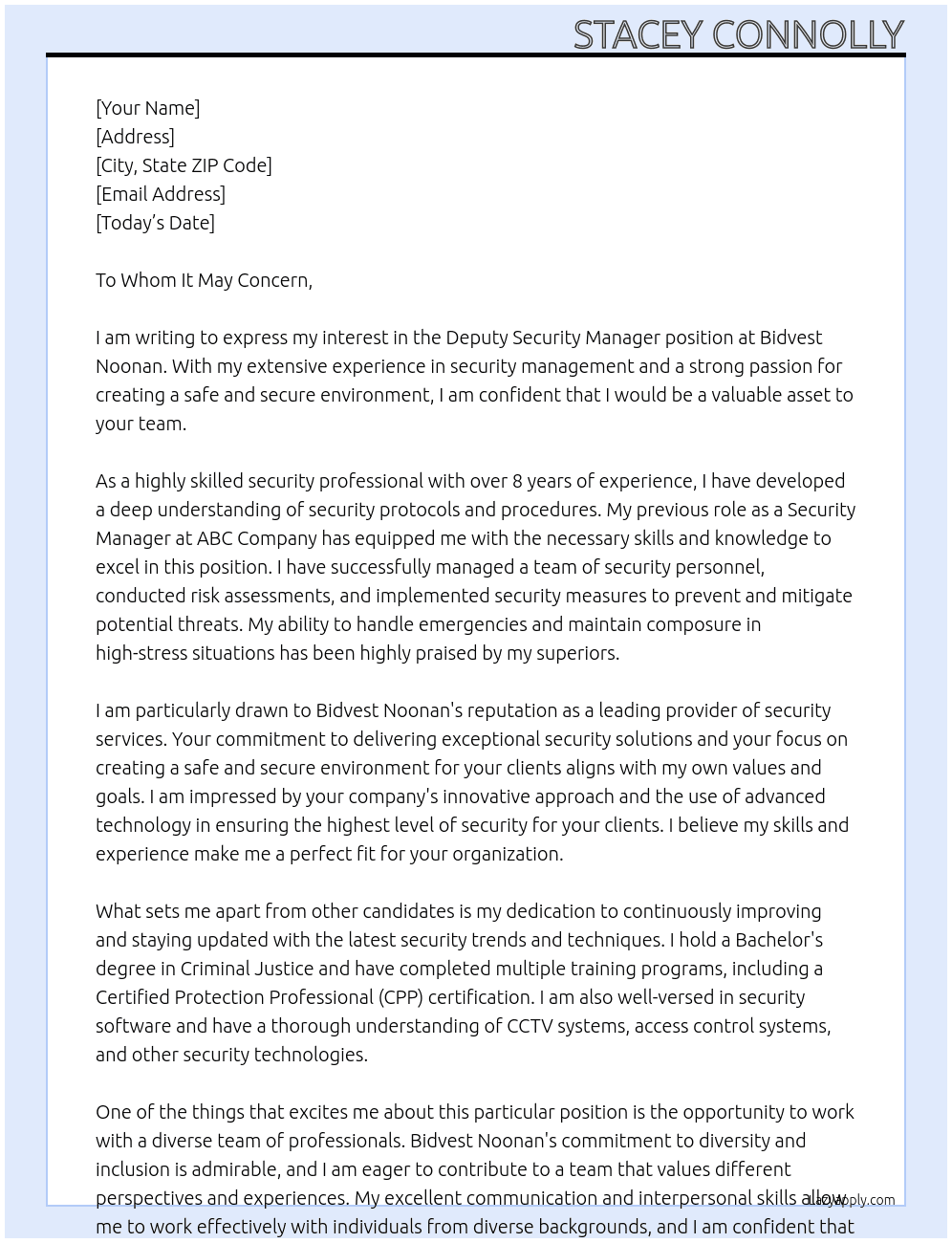 Deputy Security Manager At Bidvest Noonan Cover Letter
