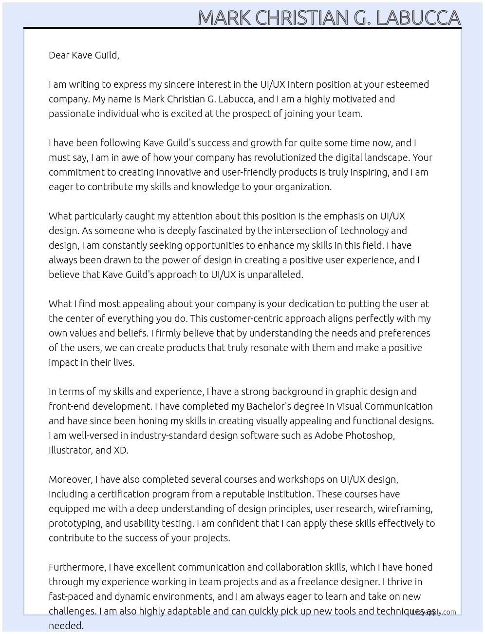 UI/UX Intern At Kave Guild Cover Letter