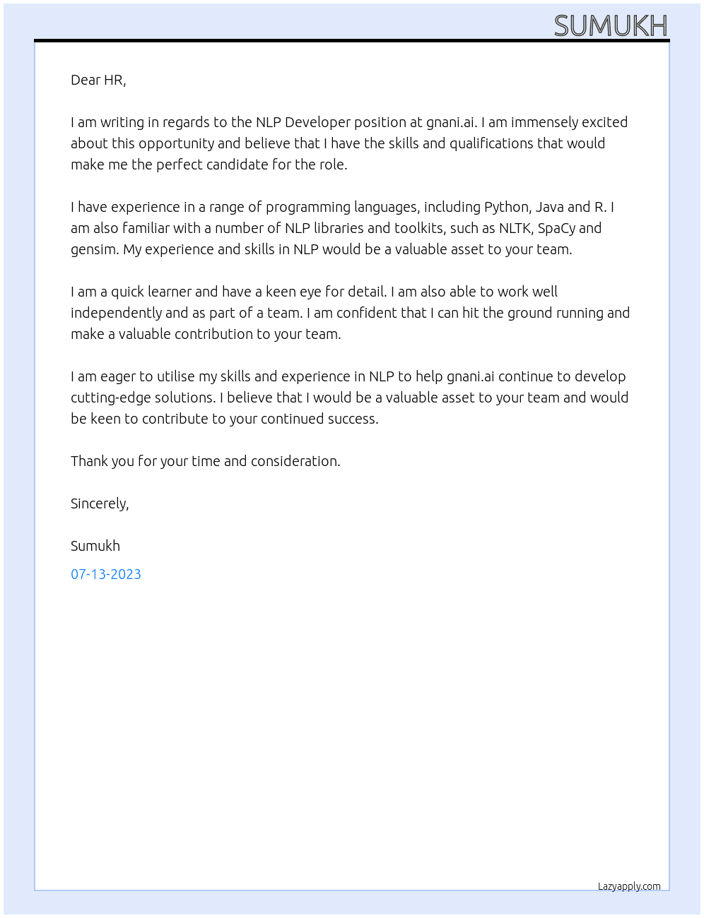NLP Developer At gnani.ai Cover Letter