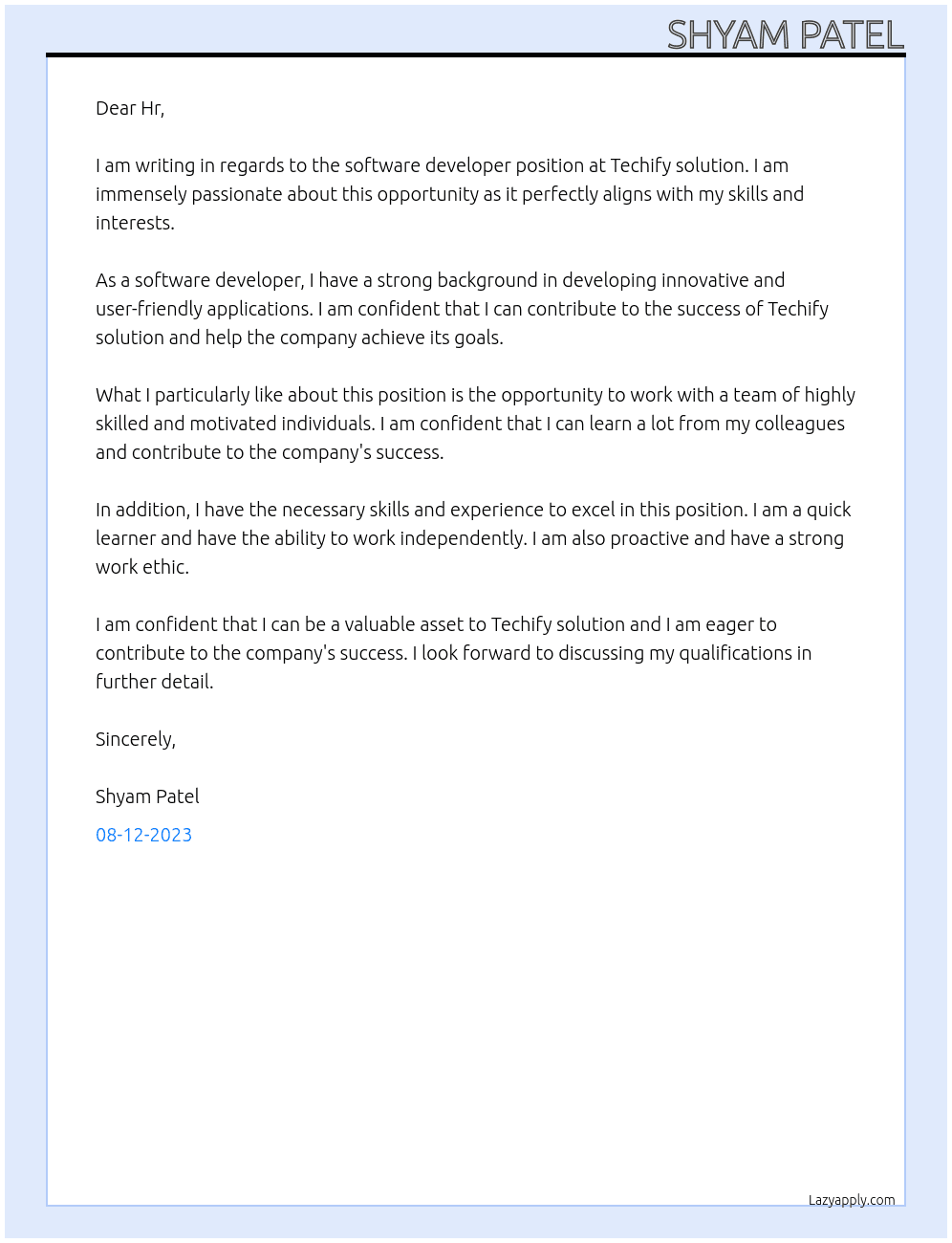 Software developer  At Techify solution  Cover Letter