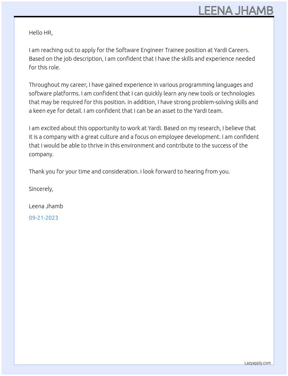 Software Engineer Trainee At Yardi Careers Cover Letter