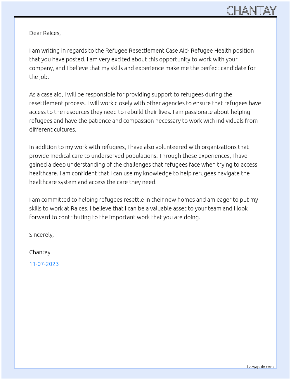 Refugee Resettlement Case Aid- Refugee Health At raices Cover Letter