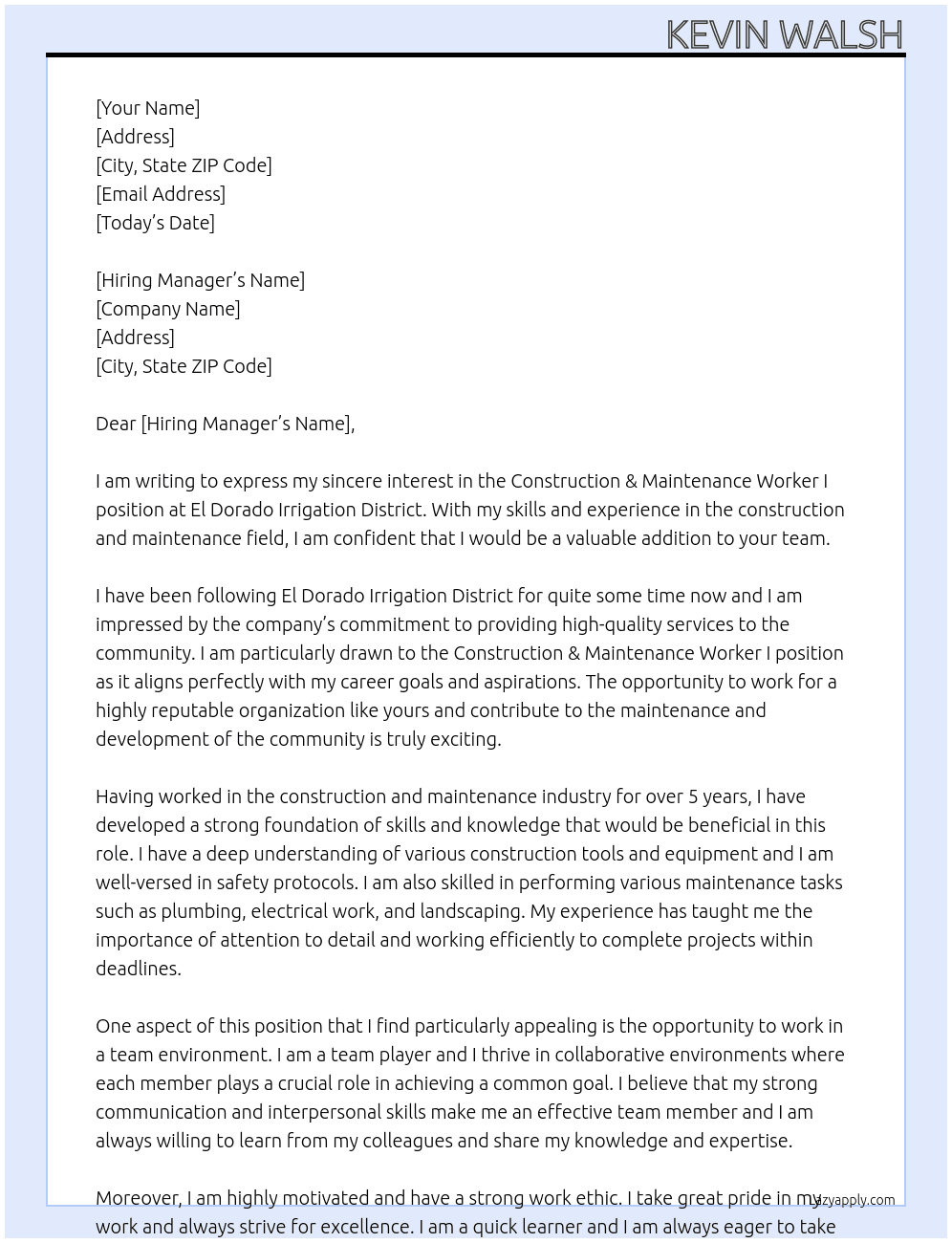 Construction & Maintenance Worker I At El Dorado Irrigation District Cover Letter