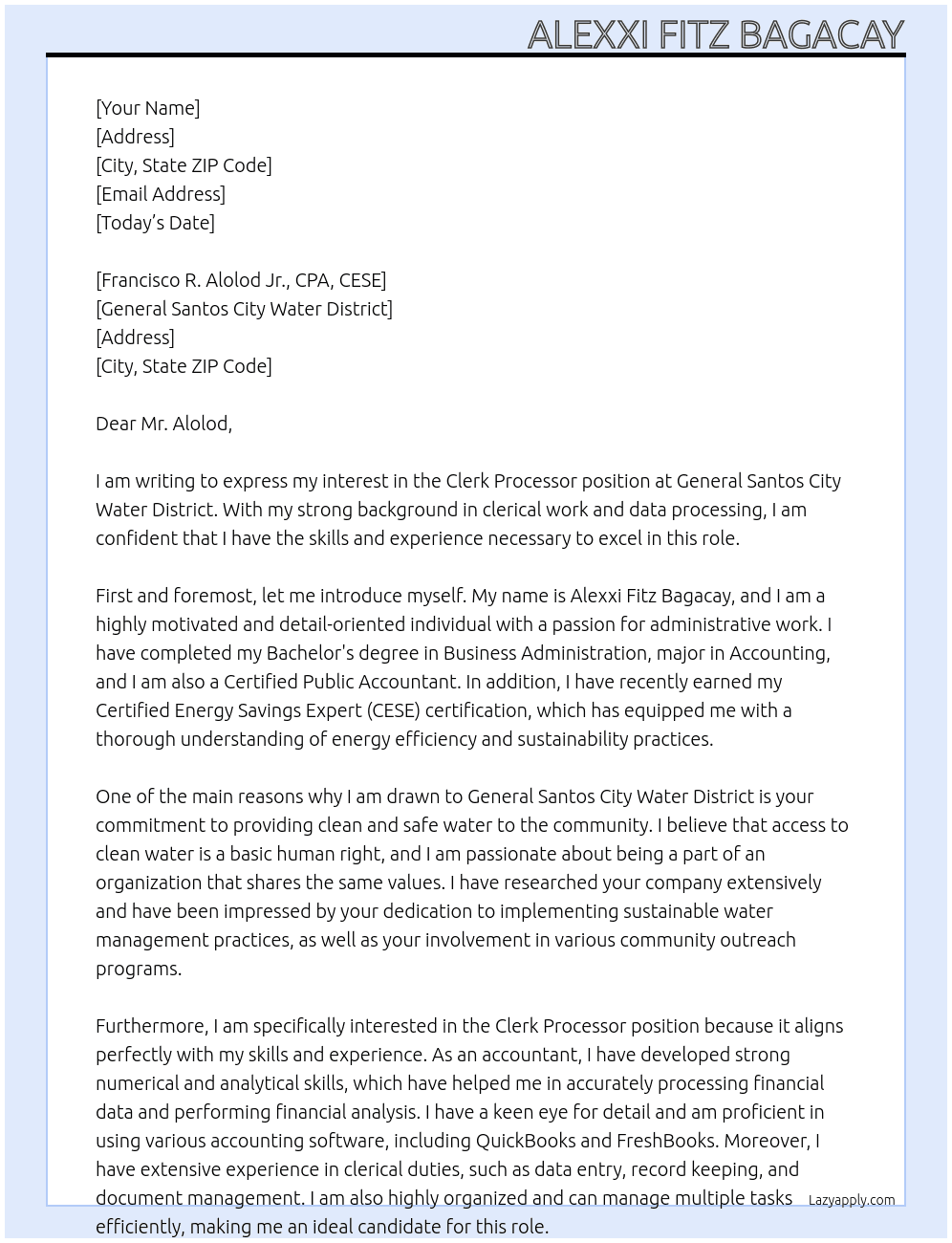 Clerk Processor At General Santos City Water District Cover Letter