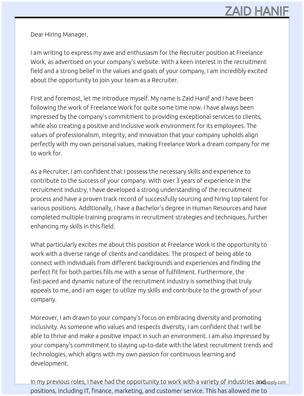 Recruiter  At Freelance work Cover Letter