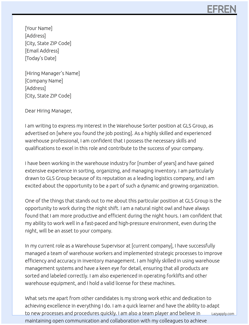 Warehouse Sorter – Nights  At GLS Group Cover Letter