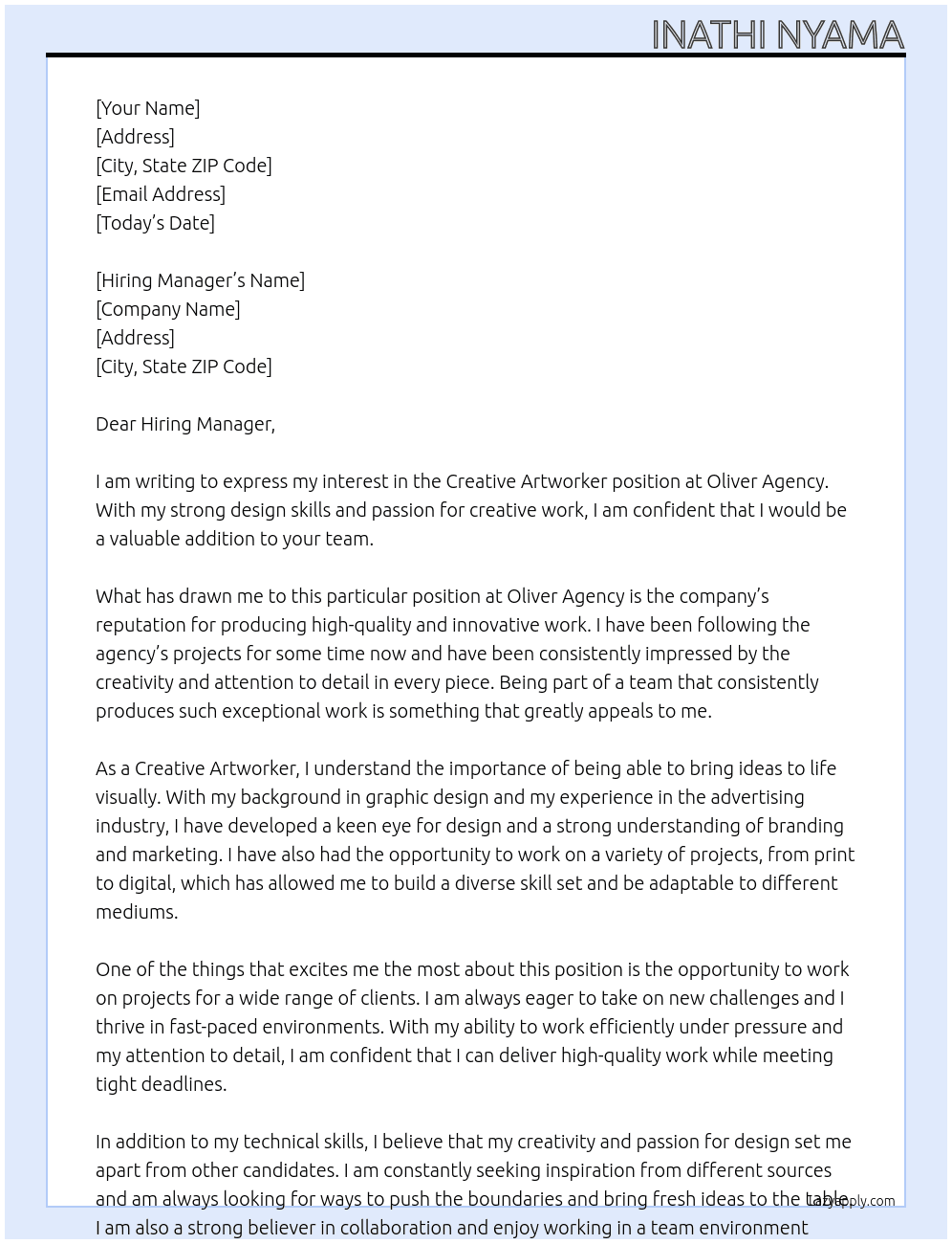 Creative Artworker At Oliver Agency Cover Letter