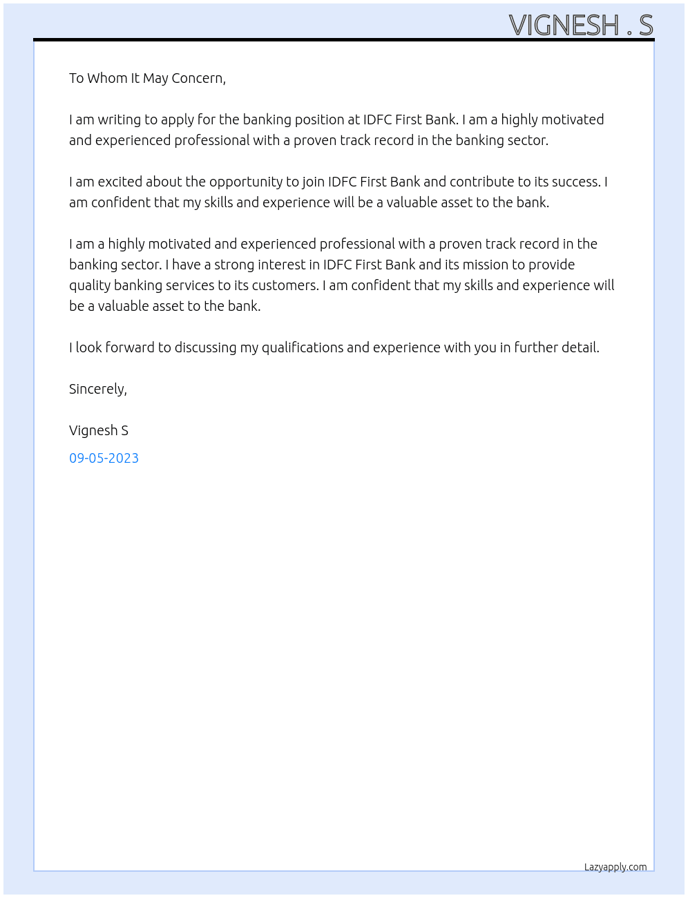banking At idfc first bank Cover Letter