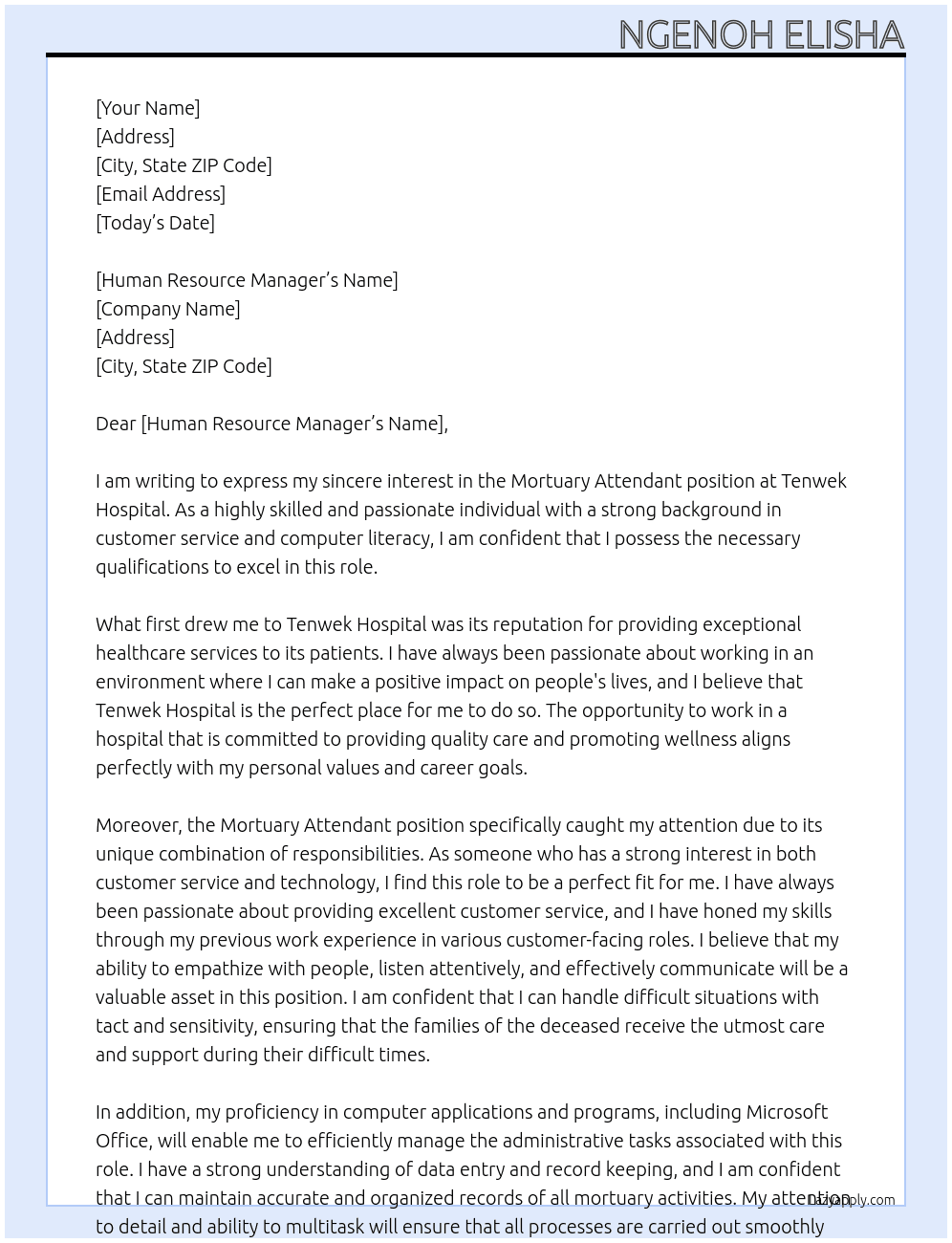Mortuary  attendant  At Tenwek hospital  Cover Letter