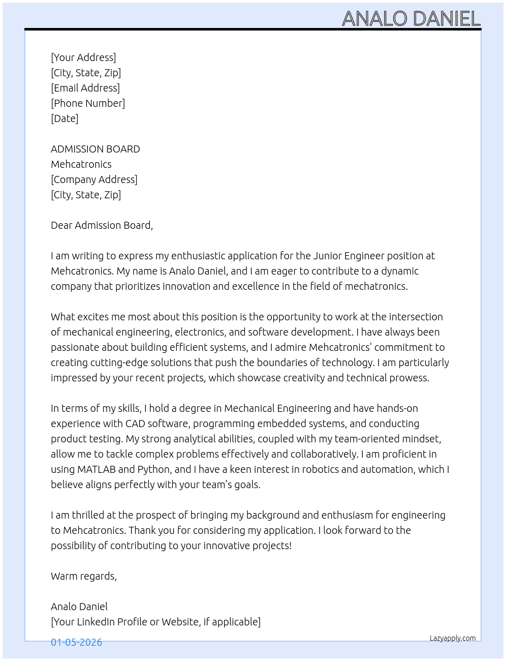 junior engineer At Mehcatronics Cover Letter