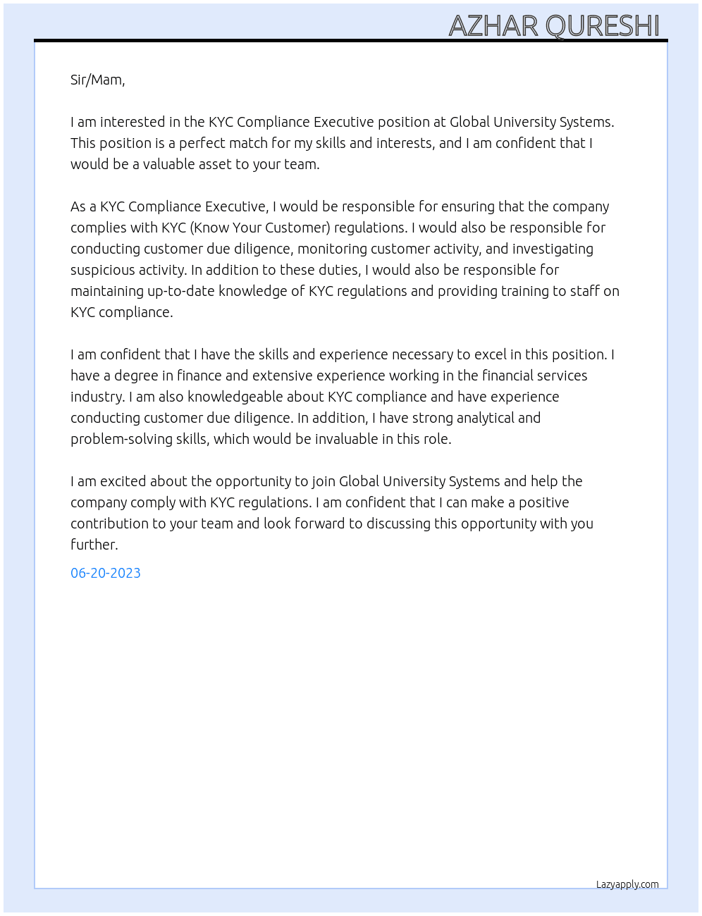 KYC Compliance Executive  At Global University Systems Cover Letter