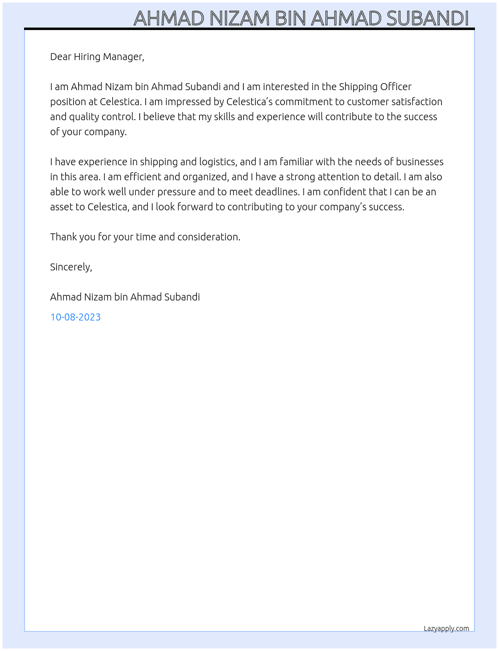 Shipping Officer At Celestica Cover Letter