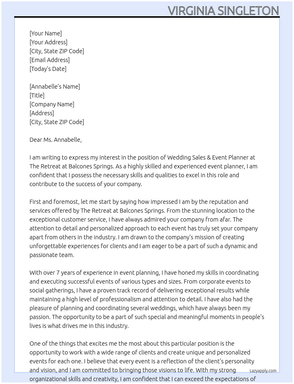 Wedding Sales & Event Planner At The Retreat at Balcones Springs Cover Letter