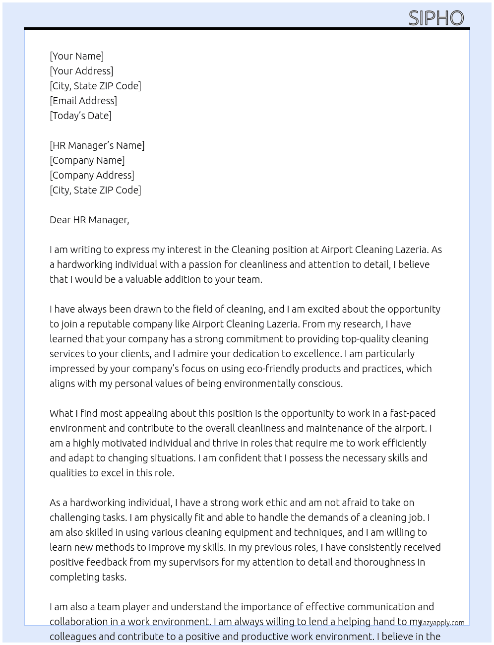 Cleaning  At Airport cleaning lazeria Cover Letter