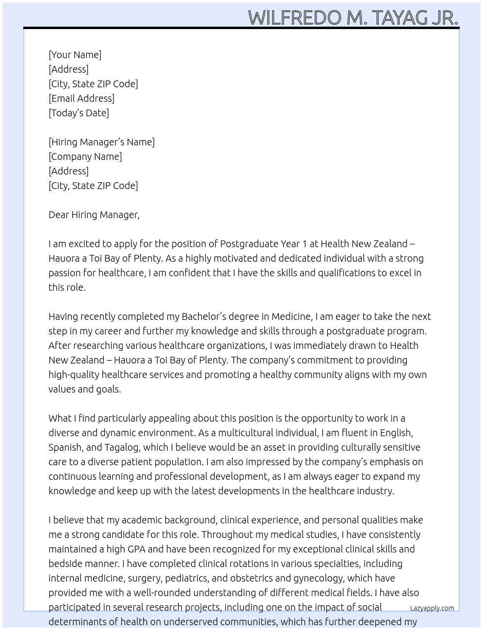 Postgraduate Year 1 At Health New Zealand – Hauora a Toi Bay of Plenty Cover Letter