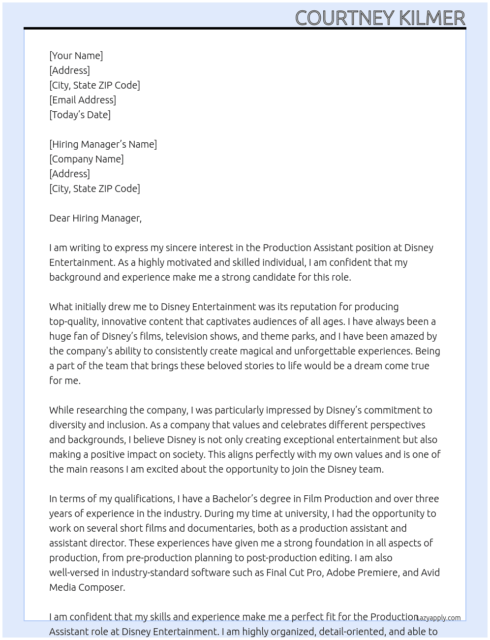 Production Assistant At Disney Entertainment Cover Letter