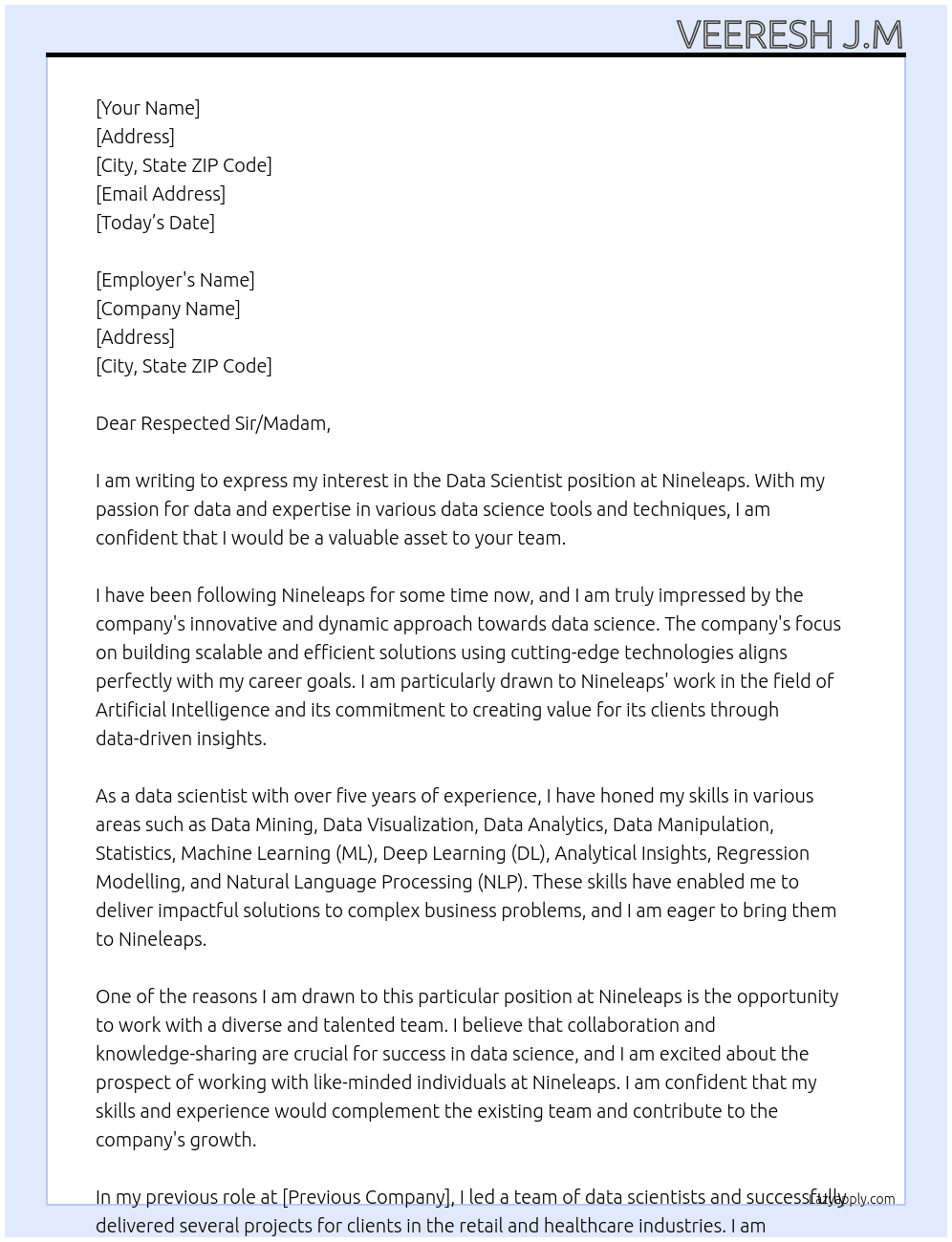 Data scientist At Nineleaps Cover Letter