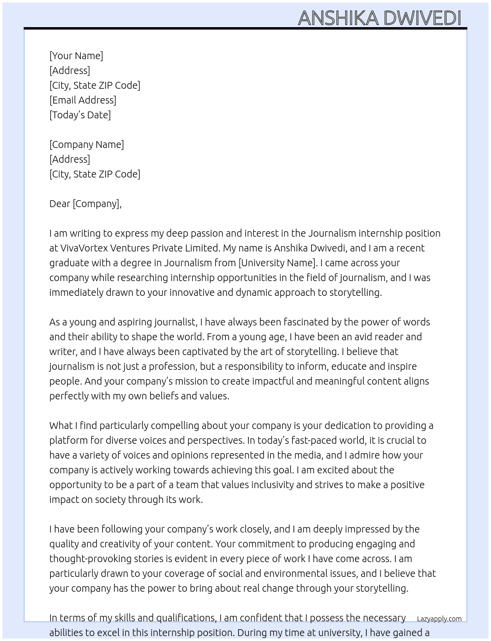 Journalism internship  At VivaVortex ventures private Limited. Cover Letter