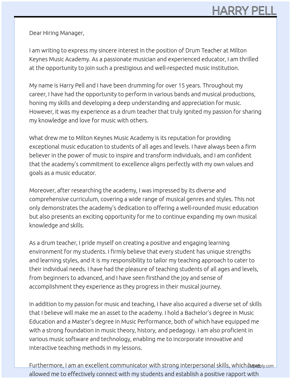 Drum teacher At Milton Keynes Music Academy Cover Letter